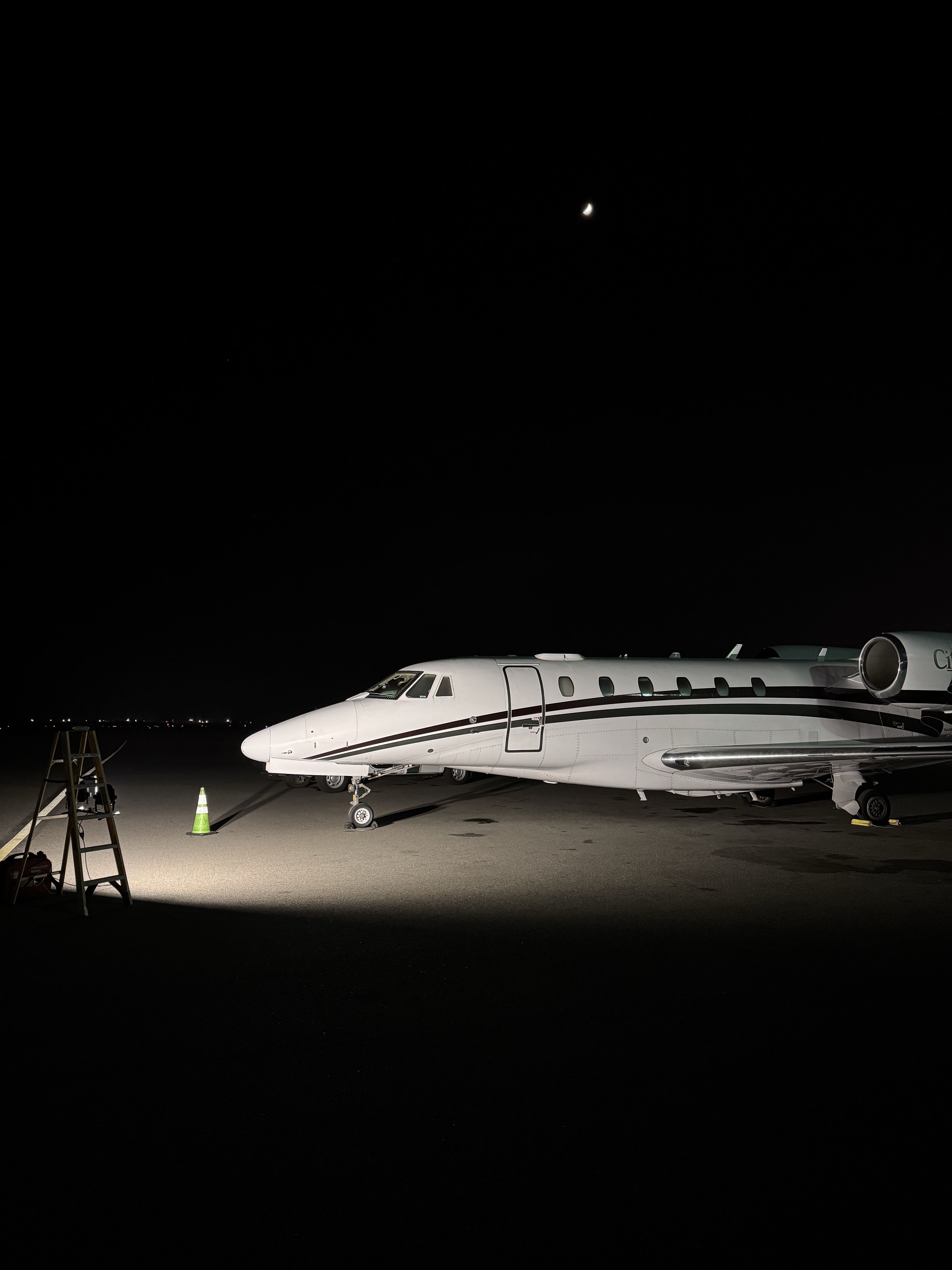 San Jose Aircraft Detailing Services — business jet on the ramp at night during a mobile detailing session